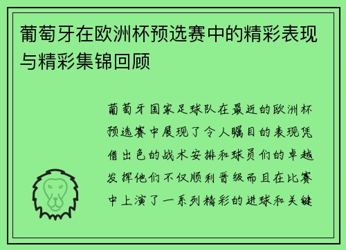 葡萄牙在欧洲杯预选赛中的精彩表现与精彩集锦回顾